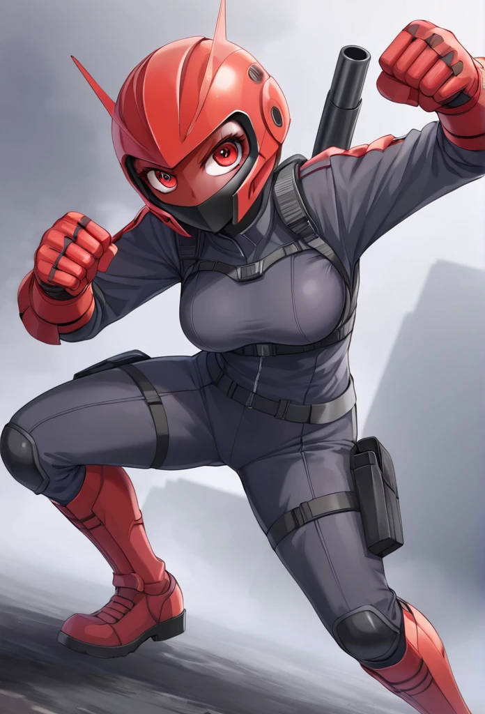 Wearing a revealing combat suit、Female Kamen Rider、miniskirt、Red big eye helmet、Combat pose