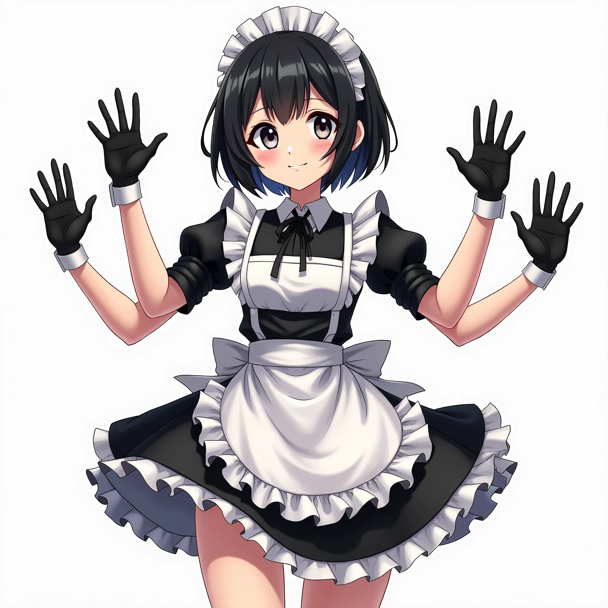 anime girl(Drawing style:"Skull girls"),short black hair,traditional maid outfit,three pairs of arms(the first pair being the normal arms,the second pair being by the ribs and the third pair a little above the hip),eyes dulled by black color,friendly smile,black gloves on each hand(in her 6 hands),normal breasts,hips a little wide,moderate backside.