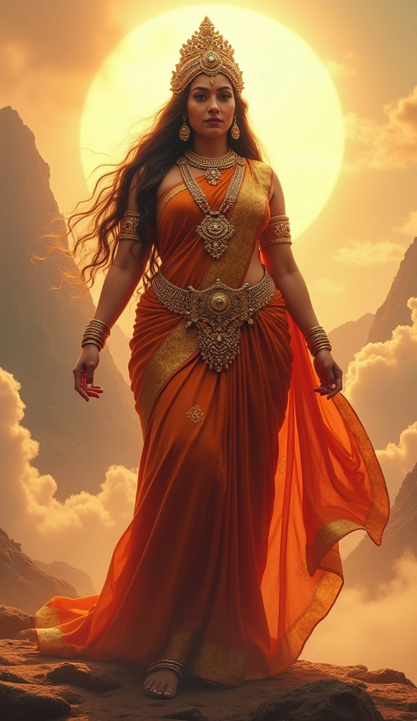 Prompts
Copy
Create a full-body 4K image of Goddess Durga with an extremely curvaceous figure with graceful curves, depicted from head to toe. She has huge heavy breasts, huge thighs and curvaceous MILF like figure. She is adorned with traditional Indian ornaments, including a crown, necklaces, bangles, and anklets. She is wearing a beautifully draped saree in rich colors with intricate patterns. The setting should reflect her divine and powerful presence, with a soft glow around her and a background that complements her traditional attire.