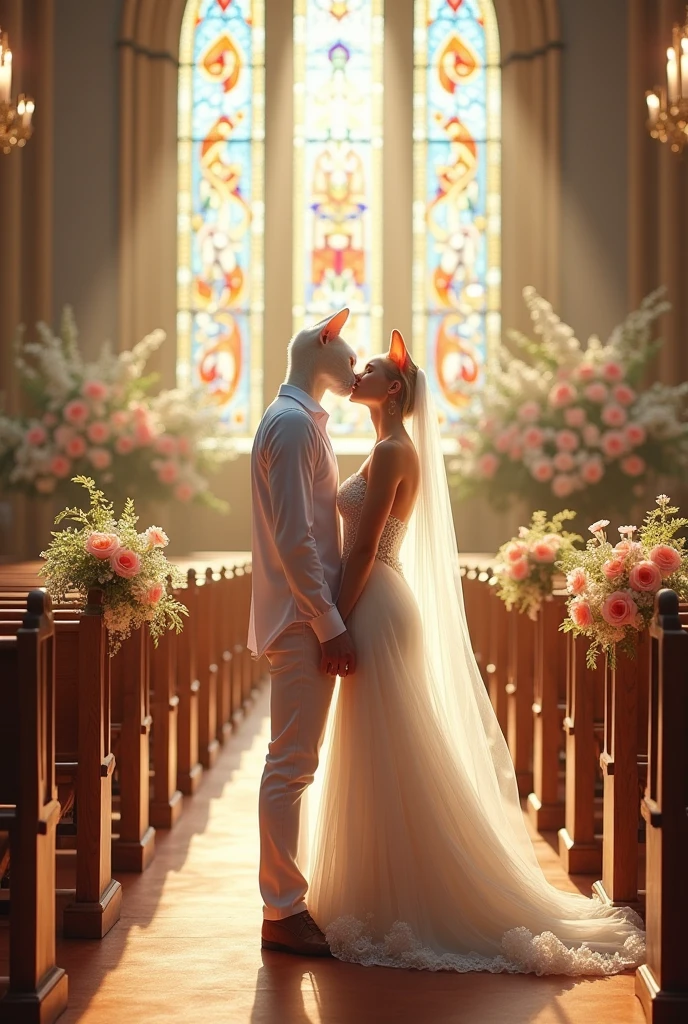 A tall white cat  dressed in white shirt and white  jeans  kisses a  a tall beautiful white cat dressed in full length marriage  Maxie in church decorated with flowers 