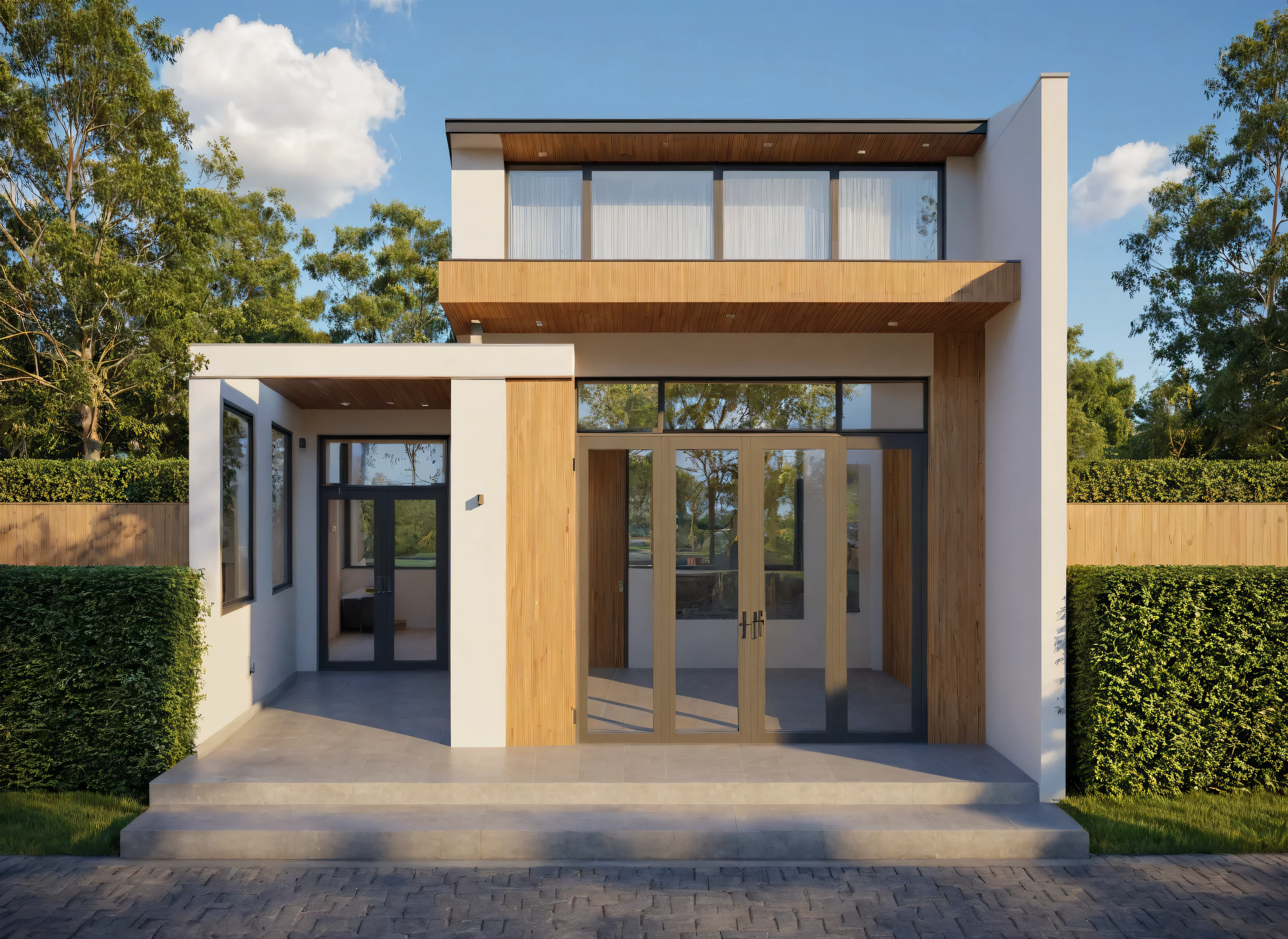 Raw photo,Masterpiece, high quality, best quality, authentic, super detail,
exterior, outdoors, house style modern on the street, glass windows, gate, wooden ceiling,
road,pavement, trees, sky, cloud, (daylight:1.1)