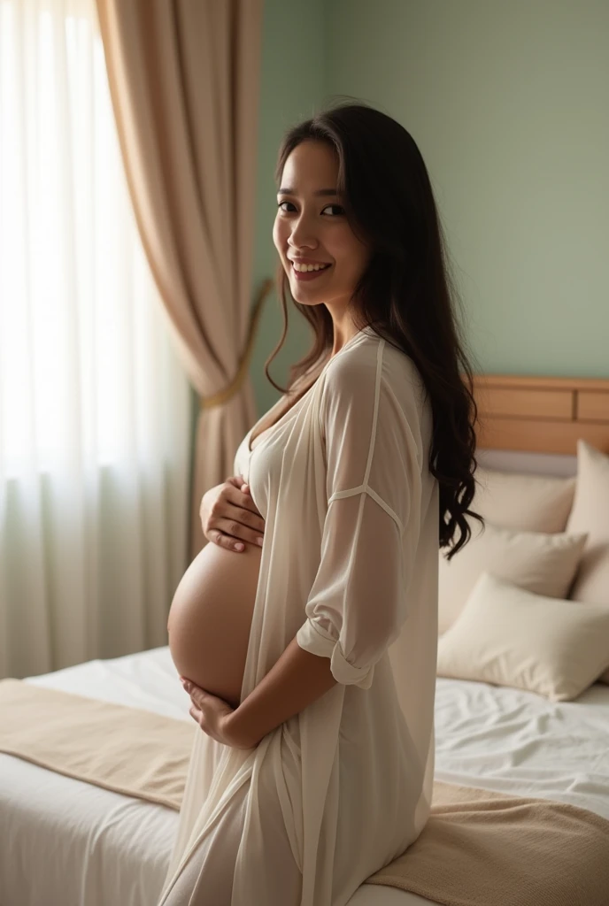 Indonesian woman aged 23, 5  pregnant, facing forward, wearing thin clothes, bedroom background