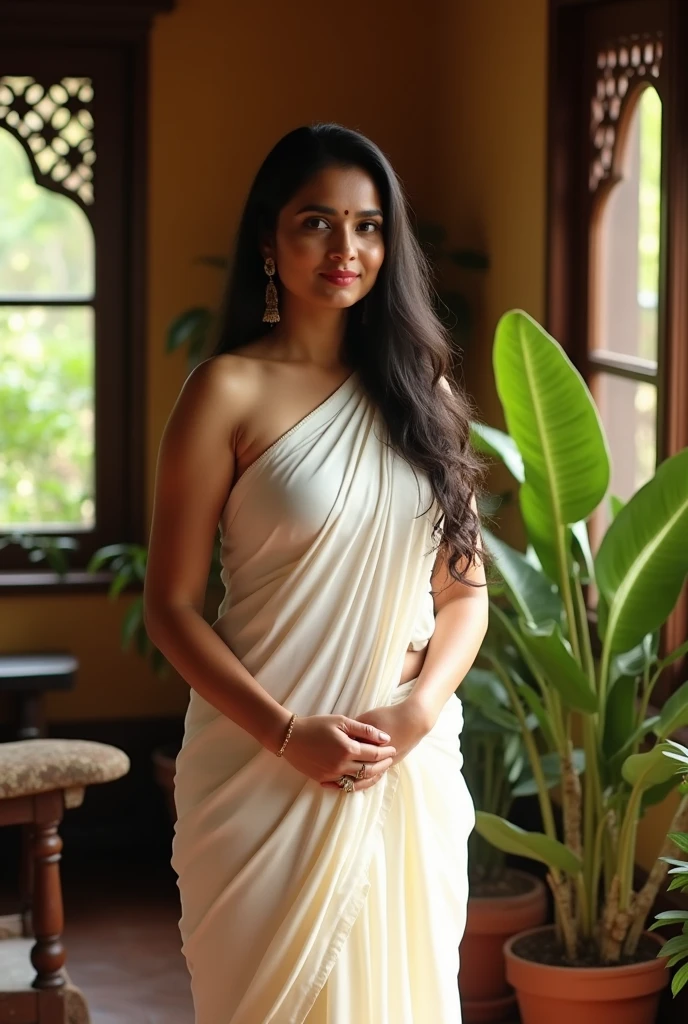 Indian curvy young female white fair skintone wearing kerala white kasavu saree in kerala home living room. Realistic image.Closeup.looks like nithya menon