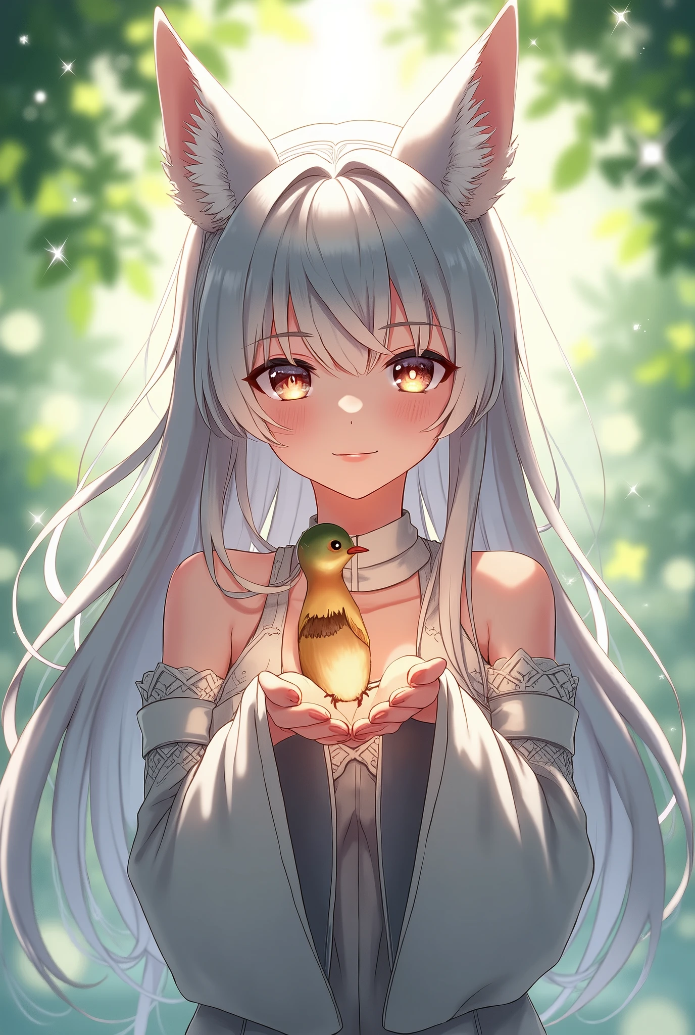 Anime girl with long hair and cat ears holding a bird, beautiful Anime cat girl, From Arknights, White fox, cute Anime cat girl, Very Beautiful Anime Cat Girl, Beautiful fox woman, Anime cat girl, Cat ears anime girl, From Girls Frontline, With fox ears, High quality anime art style, Holo is a wolf girl