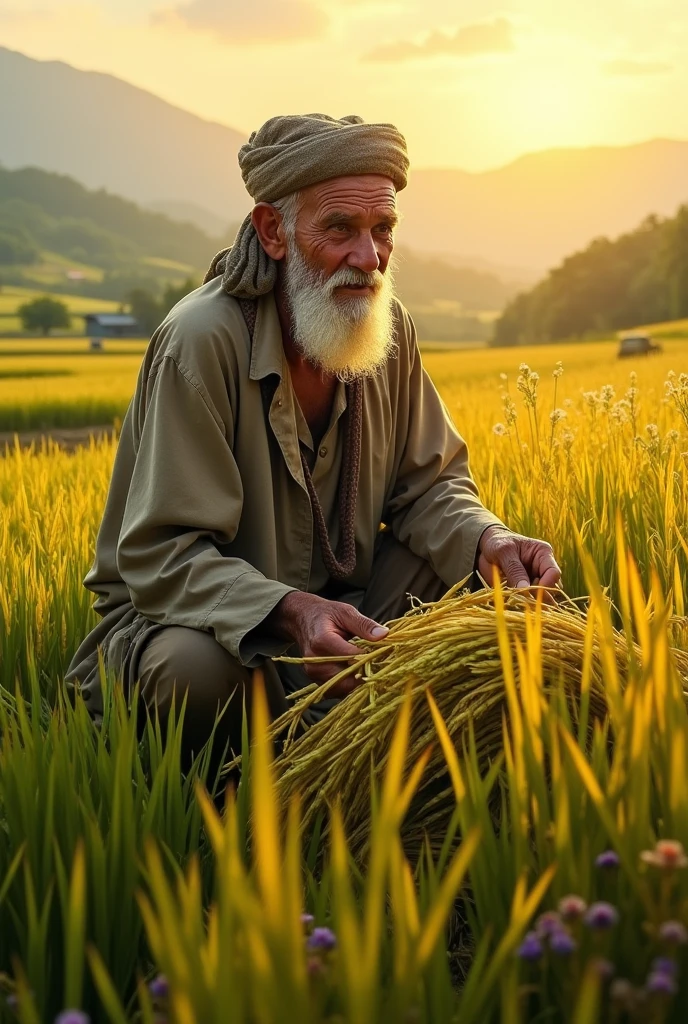 A realistic image of a modern. A poor islamic old man is harvesting his paddy