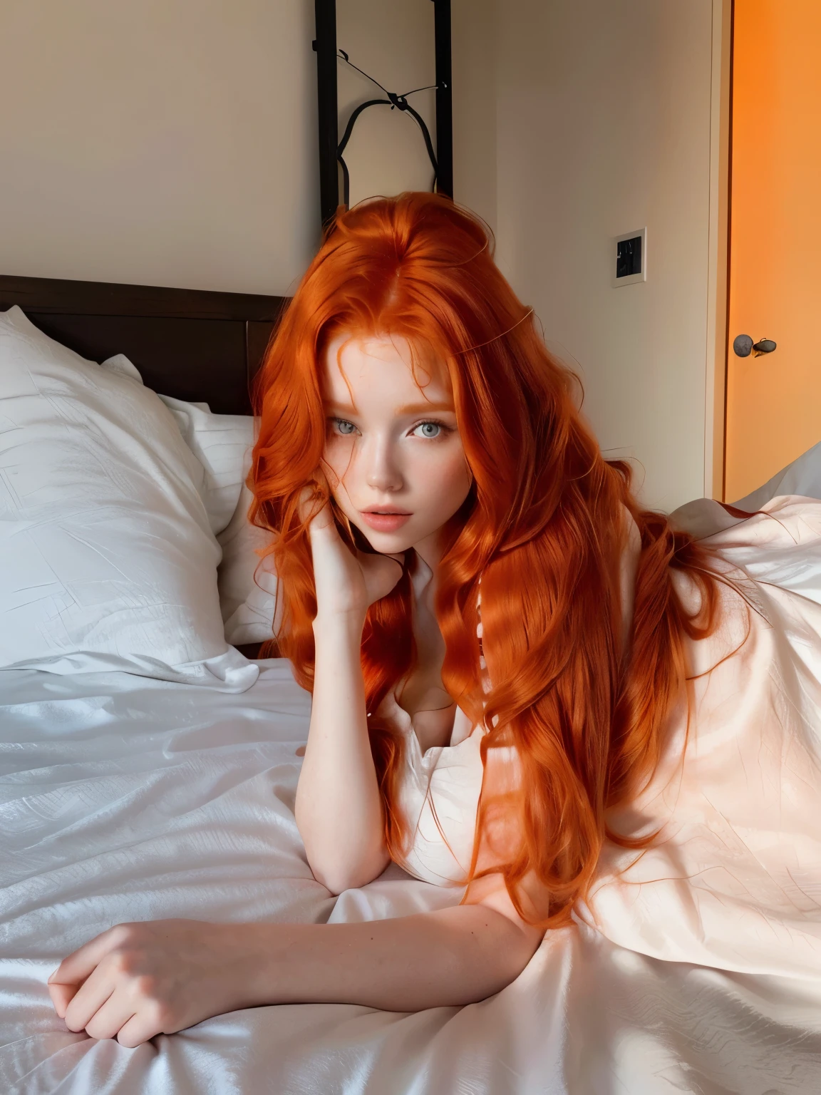 there is a woman laying on a bed with a white sheet, redhead girl, she has long redorange hair, red haired goddess, amouranth, she is redhead, red head, orange skin and long fiery hair, with curly red hair, she has red hair, flowing ginger hair, ginger wavy hair, she has long orange brown hair, ginger hair