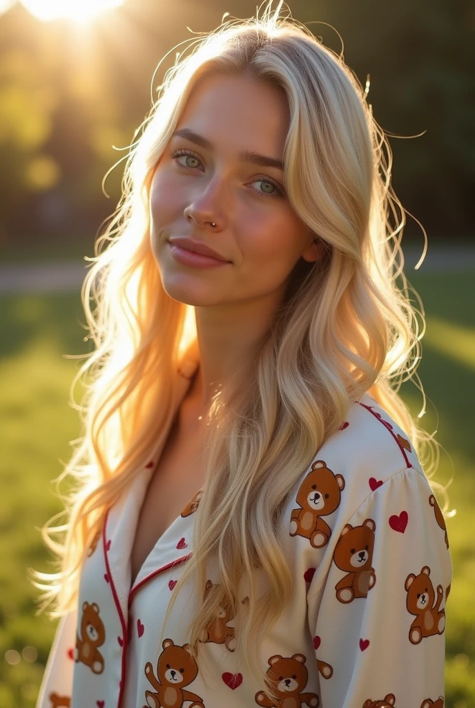 Masterpiece, beautiful Norwegian girl 21 yahr old, (in pajamas with painted teddy bears), (Medium breasts), (Perfect body), (long blonde hair), outside, (Skin texture:1.1), Best quality, ultra high resolution, raw photo, Nikon D850, backlight, rim light, Bright sunlight, grain:1.2, (warm tint, warm tone:1.2), (Color Photo)