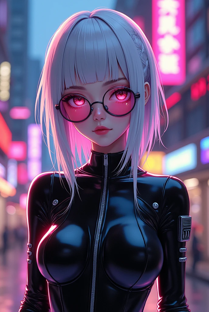 White-haired anime girl with glasses in tight latex clothing