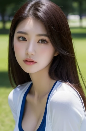 korean beauties, mixed korean, realistic, (((Best quality))), 8k, ((masterpiece)), (extremely delicate and beautiful), Highly detailed, ((Highly detailed face)), (Highly detailed eyes)) , Best quality, 1 girl, alone, (tight sports shirt: 1.1), shiny skin, dark hair, (big breasts: 1.4), short skirt, ( semtada), in a park