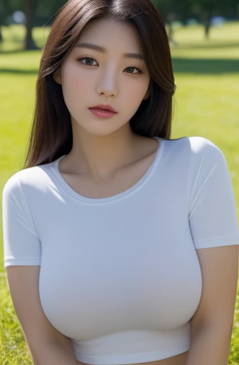 korean beauties, mixed korean, realistic, (((Best quality))), 8k, ((masterpiece)), (extremely delicate and beautiful), Highly detailed, ((Highly detailed face)), (Highly detailed eyes)) , Best quality, 1 girl, alone, (tight sports shirt: 1.1), shiny skin, dark hair, (big breasts: 1.4), short skirt, ( semtada), in a park