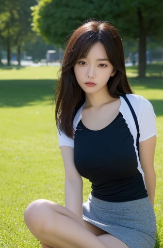 korean beauties, mixed korean, realistic, (((Best quality))), 8k, ((masterpiece)), (extremely delicate and beautiful), Highly detailed, ((Highly detailed face)), (Highly detailed eyes)) , Best quality, 1 girl, alone, (tight sports shirt: 1.1), shiny skin, dark hair, (: 1.4), short skirt, ( semtada), in a park