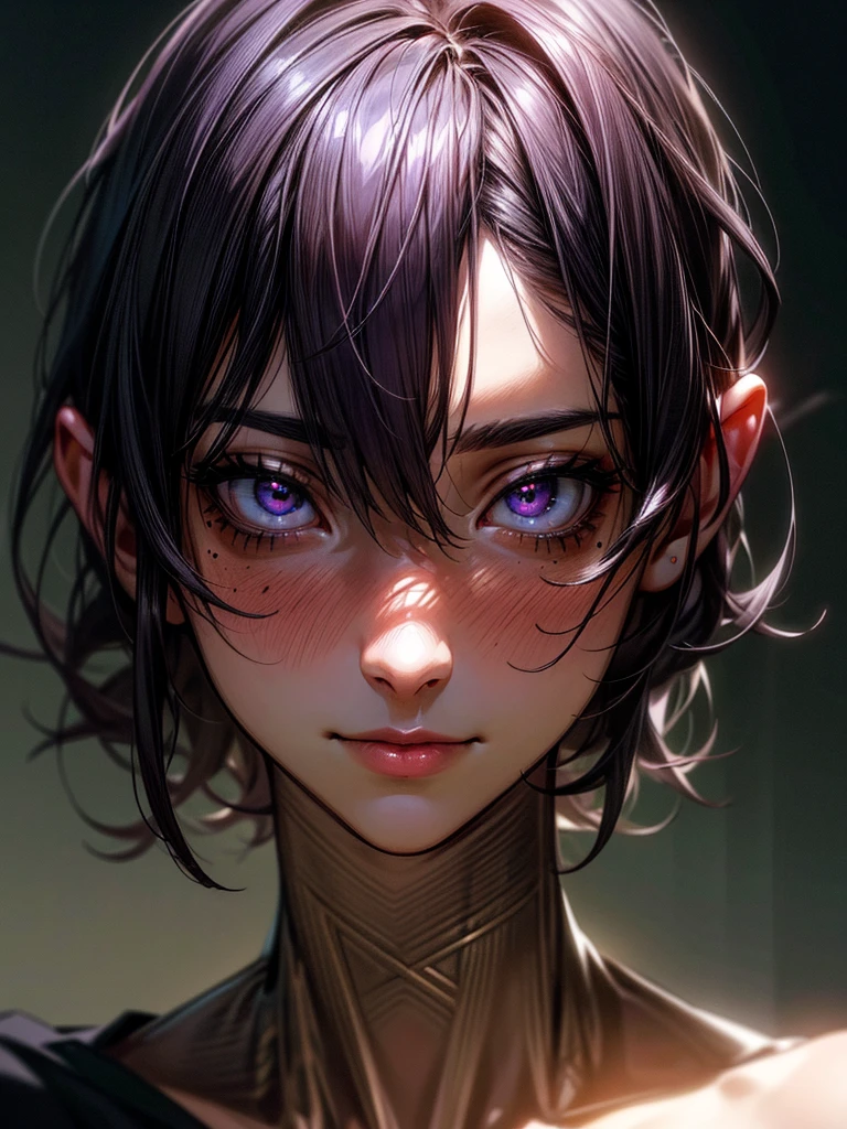 A photorealistic, high-resolution portrait of a young man with short dark hair, violet eyes, and a mole under his eye, gazing directly at the viewer with a slightly crazed expression and a subtle smile, his pupils dilated. He has a textured, lifelike skin and blush on his cheeks, giving him an intense, almost yandere-like appearance. The lighting is dramatic, with strong chiaroscuro effects, backlit, creating a digital art, animated style. The man is wearing jewelry and has a mole below his mouth, adding to his unique and captivating features. (best quality,8k,highres,masterpiece:1.2),ultra-detailed,(realistic,photorealistic,photo-realistic:1.37),realistic portrait,highly detailed face,extremely detailed eyes and face,longeyelashes,beautiful detailed eyes,beautiful detailed lips,dramatic lighting,chiaroscuro,backlit,digital art,animated style,textured skin,blush,dilated pupils,short dark hair,violet eyes,mole under eye,jewelry,mole under mouth,intense expression,subtle smile,yandere