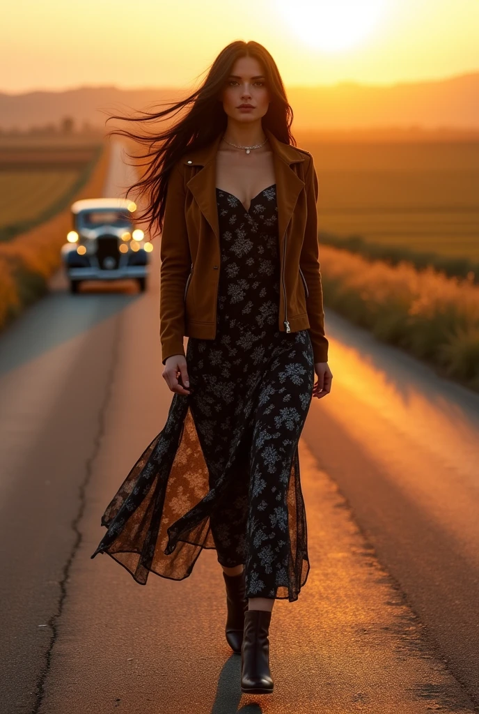 (photorealism:1.2), Professional portrait, a woman with long black hair, wearing a black floral dress, wearing suede jacket brown, wearing suede boot brown, walking
depicts a vintage car driving down a straight road that stretches to the horizon. The road appears to be in a rural area with farmland on either side, and the time of day appears to be either sunrise or sunset due to the warm color of the sky and the long shadows cast on the road.