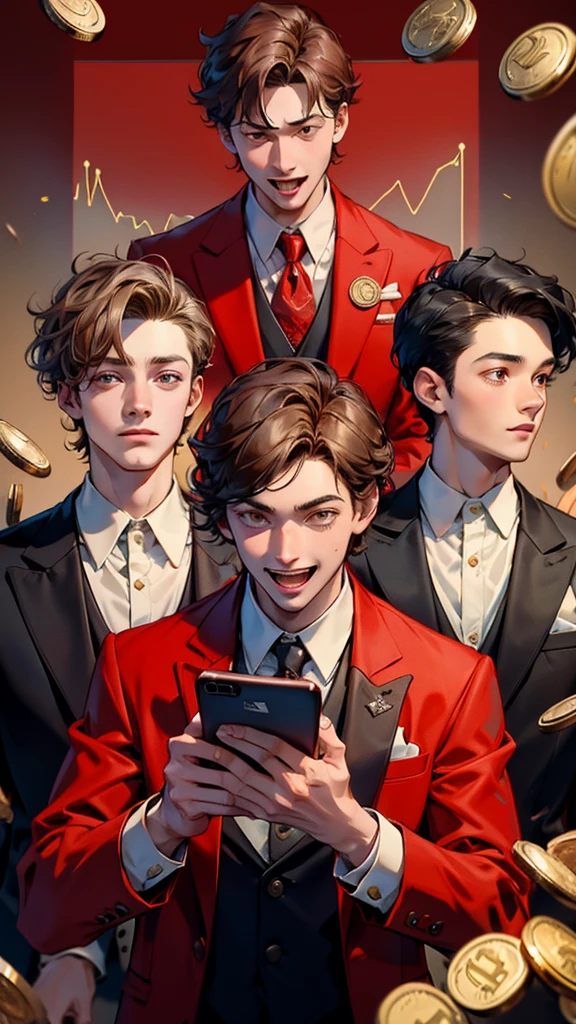 a group of boys wearing red suits in suits with their eyes wide open, laughing while holding mobile phones. stock chart going up, surrounded by flying coins and Bitcoin.