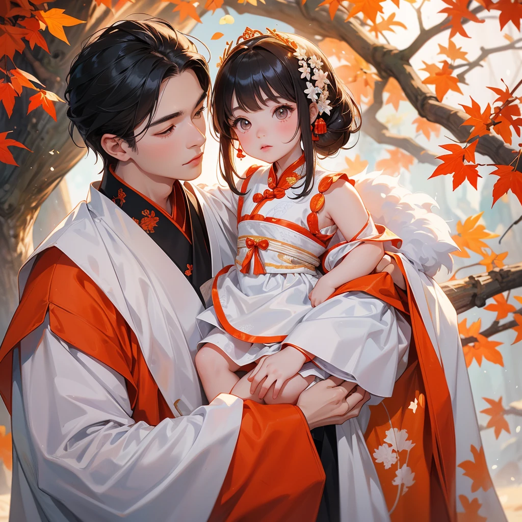 A one-year-old baby boy in white ancient Chinese baby costume with his beautiful mother, dressed in an ancient Chinese costume, The backdrop is a mountain that turns orange-red in spring, and maple leaves fall from the trees, playing with each other, with his handsome father standing next to his mother, close up