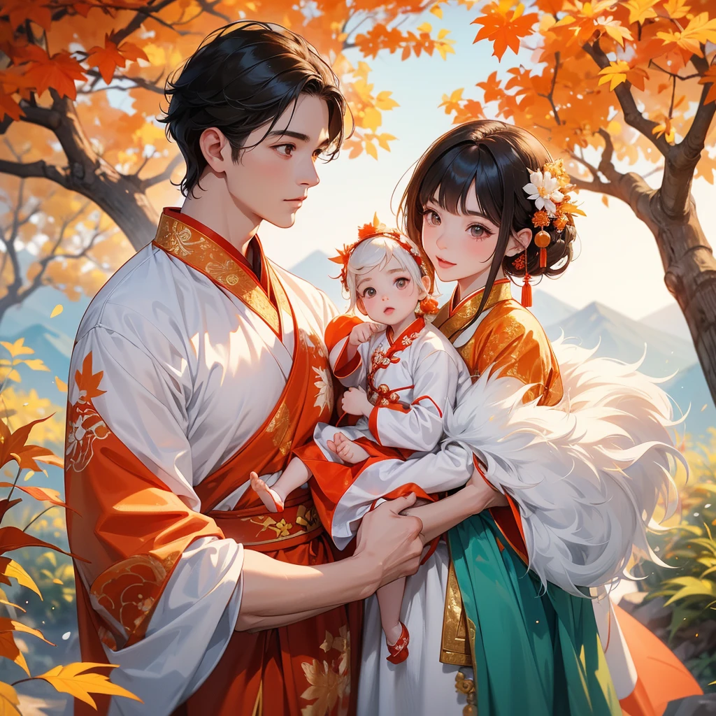 A one-year-old baby boy in white ancient Chinese baby costume with his beautiful mother, dressed in an ancient Chinese costume, The backdrop is a mountain that turns orange-red in spring, and maple leaves fall from the trees, playing with each other, with his handsome father standing next to his mother, close up