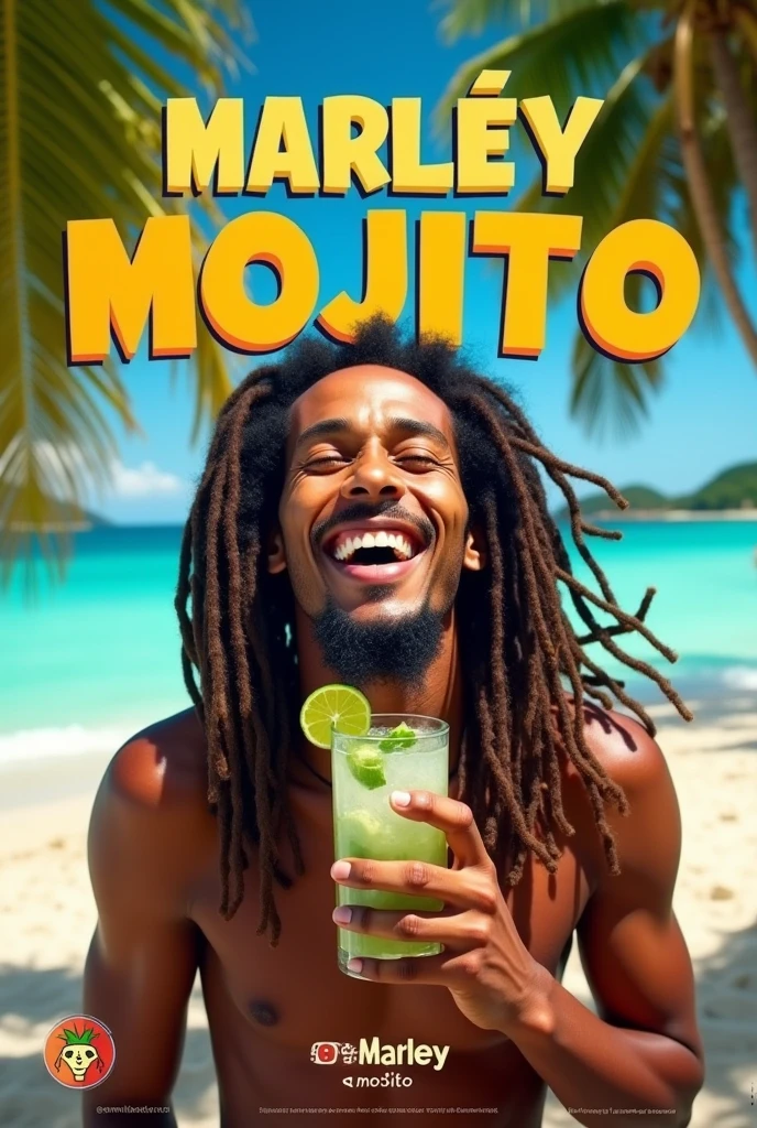 Bob Marley with a MOJITO and a title that says MARLEY MOJITO and an Instagram logo that says Marley_mojito