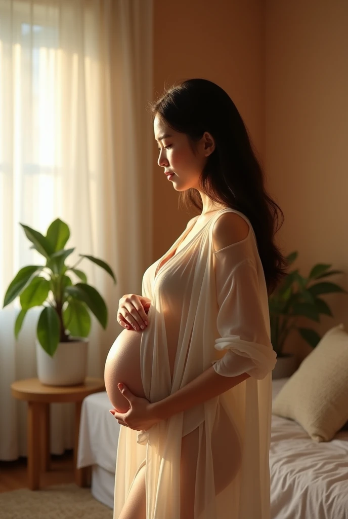 Indonesian woman aged 23, 5 months pregnant, body facing forward, wearing thin clothes, bedroom background