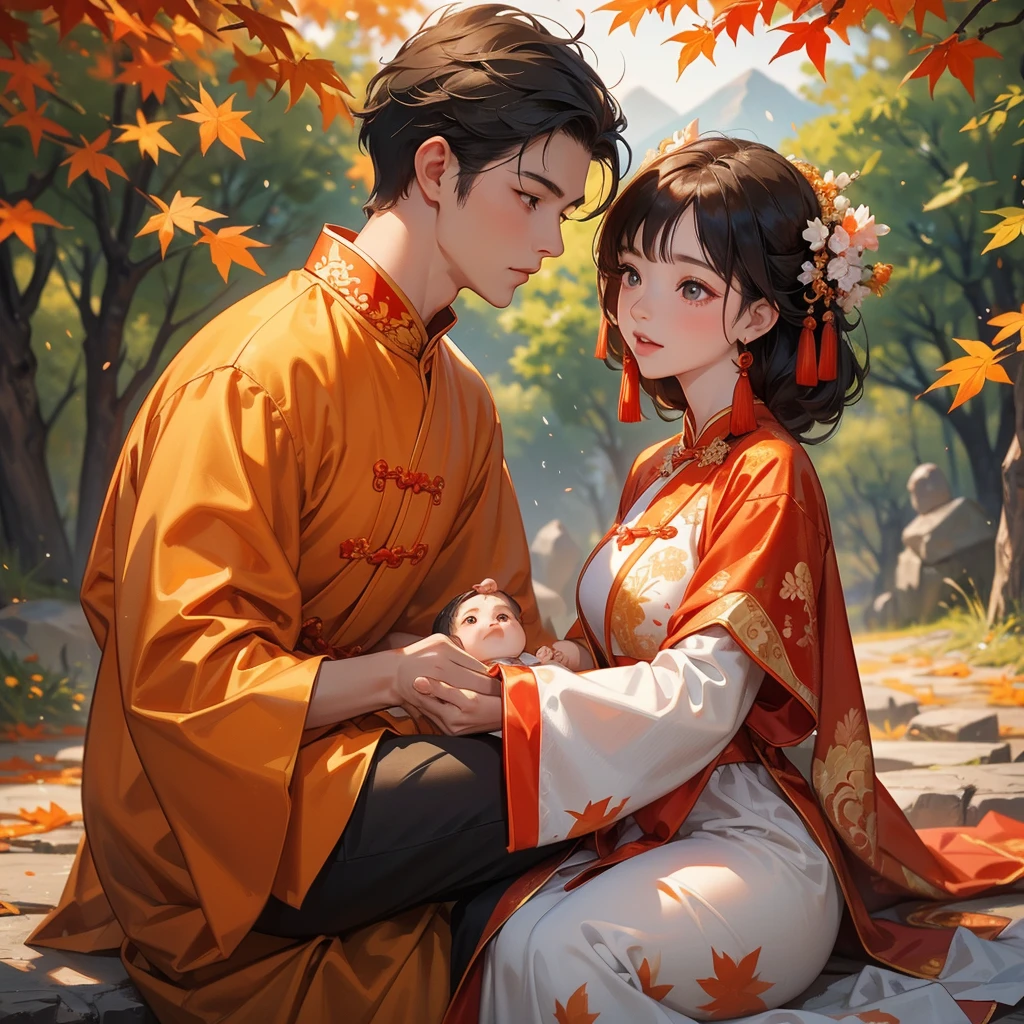 A one-year-old baby boy in an ancient Chinese baby costume with his beautiful mother, dressed in an ancient Chinese costume, The backdrop is a mountain that turns orange-red in spring, and maple leaves fall from the trees, playing with each other, with his handsome father standing next to his mother, close up