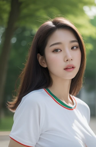 korean beauties, mixed korean, realistic, (((Best quality))), 8k, ((masterpiece)), (extremely delicate and beautiful), Highly detailed, ((Highly detailed face)), (Highly detailed eyes)) , Best quality, 1 girl, alone, (sportswear short t-shirt: 1.1), shiny skin, dark hair, (big breasts: 1.4), shorts, (exercising), in a park