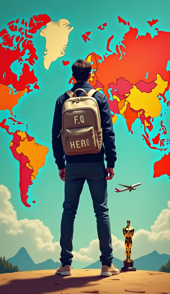 A stylish man standing on the world map. The back of the boy is visible. There is a bag pack on his back. Fantasy word "F.Q HERO" is written on the bag. There is a standing plane near him. An Oscar on his target. A realistic, aesthetic poster.