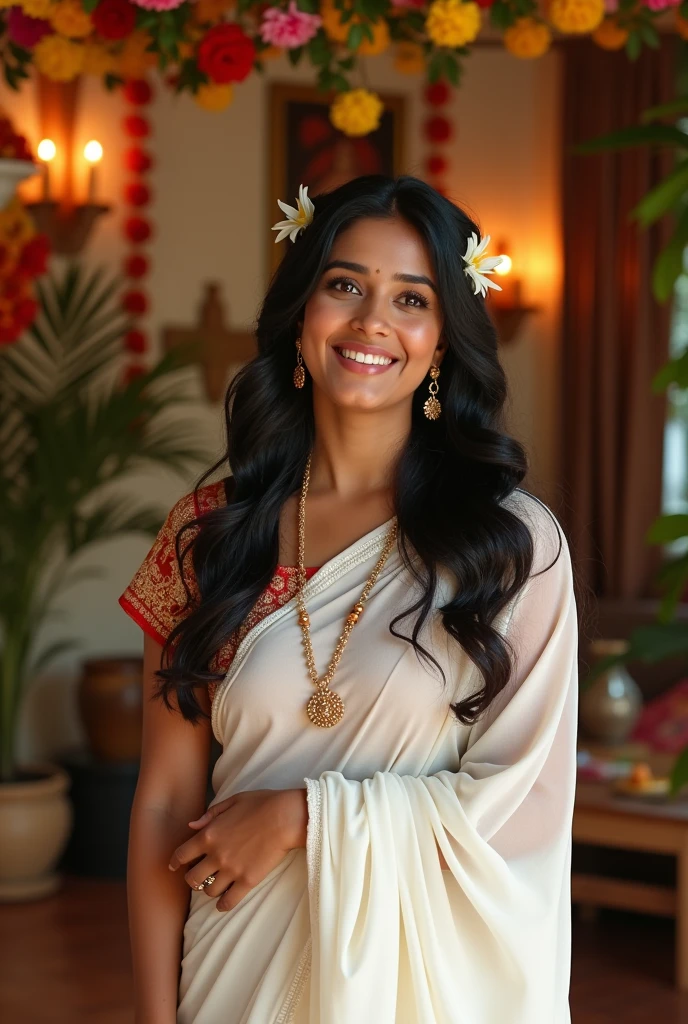Indian curvy young female white fair skintone wearing kerala white kasavu saree in kerala home living room, celebrating onam. Realistic image.Closeup.looks like nithya menon.