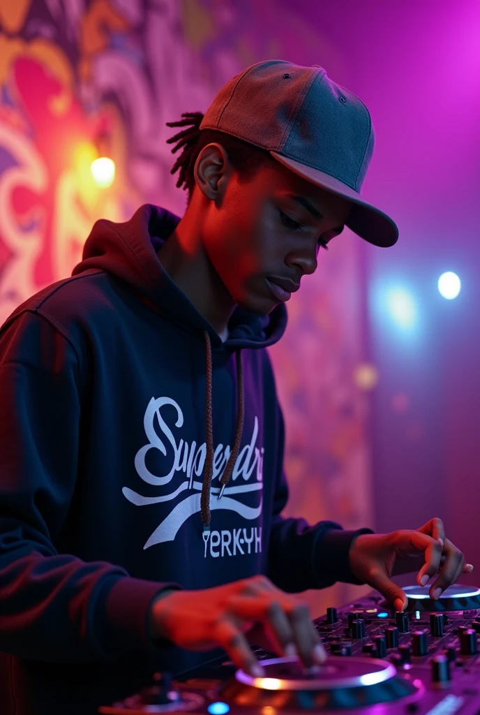A 23-year-old dark-skinned boy with a Superdry sweatshirt and a flat Coach cap playing rx DJ with straight hair and motilados on the sides under