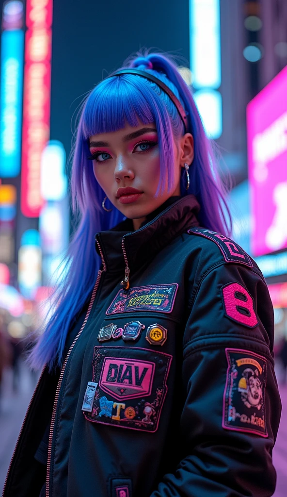 full body image of a stylized character with a futuristic, cyberpunk aesthetic. The character has bright blue hair with purple highlights, and their eyes are enhanced with blue and pink makeup, giving them a cybernetic appearance. They wear a black jacket with pink and blue accents, and there are various patches and patterns. standing with straddle legs. The background suggests a neon-lit urban environment, which is typical of the cyberpunk genre. The overall look is bold and fashionable, with a strong emphasis on technology and modern, high-tech fashion,