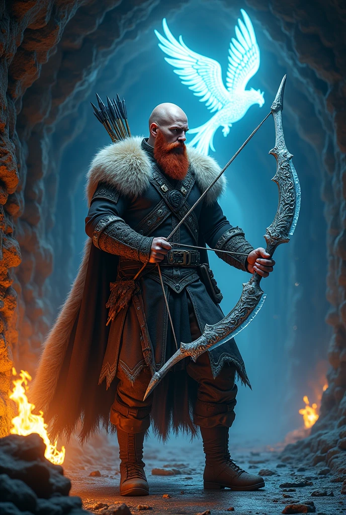 Medieval red-haired male warrior using a magic ice bow, a quiver of fire with a phoenix flying around him in a tunnel, bearded and bald 