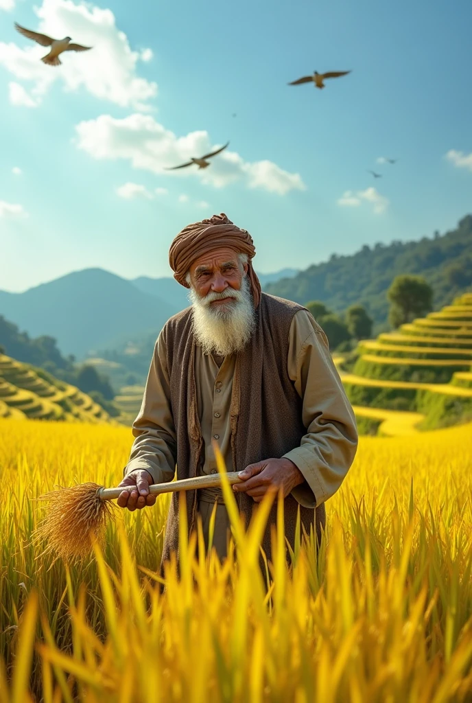 A realistic image of a modern. A poor islamic old man is harvesting his paddy