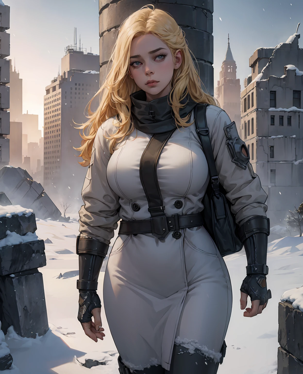 A chubby blonde girl, snow apocalypse, frozen ruins, destroyed city, cinematic composition, dramatic lighting, fantasy, (best quality,4k,8k,highres,masterpiece:1.2),ultra-detailed,(realistic,photorealistic,photo-realistic:1.37),dramatic composition, dramatic lighting, dystopian, post-apocalyptic, cinematic, volumetric lighting, highly detailed, intricate details, cinematic lighting, stunning visuals