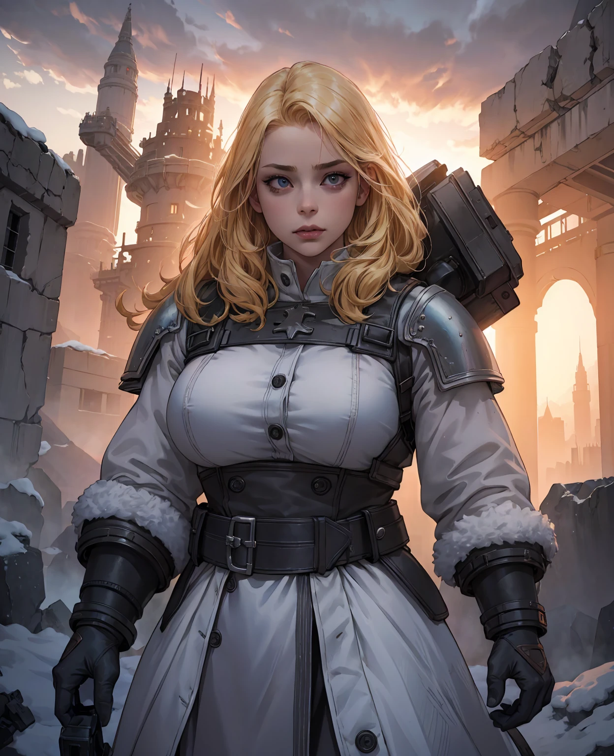 A chubby blonde girl, snow apocalypse, frozen ruins, destroyed city, cinematic composition, dramatic lighting, fantasy, (best quality,4k,8k,highres,masterpiece:1.2),ultra-detailed,(realistic,photorealistic,photo-realistic:1.37),dramatic composition, dramatic lighting, dystopian, post-apocalyptic, cinematic, volumetric lighting, highly detailed, intricate details, cinematic lighting, stunning visuals