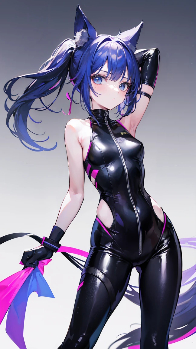 Solid color background，Double tail，Tight leather racing suit，Hip skirt，Stand upright，2.5D style，Stand upright，The picture should be monotonous，Only characters，For the audience，Look at the audience，Expose肚脐，Waist，Absolute Domain，Bare arms，No animal ears，Expose，Color