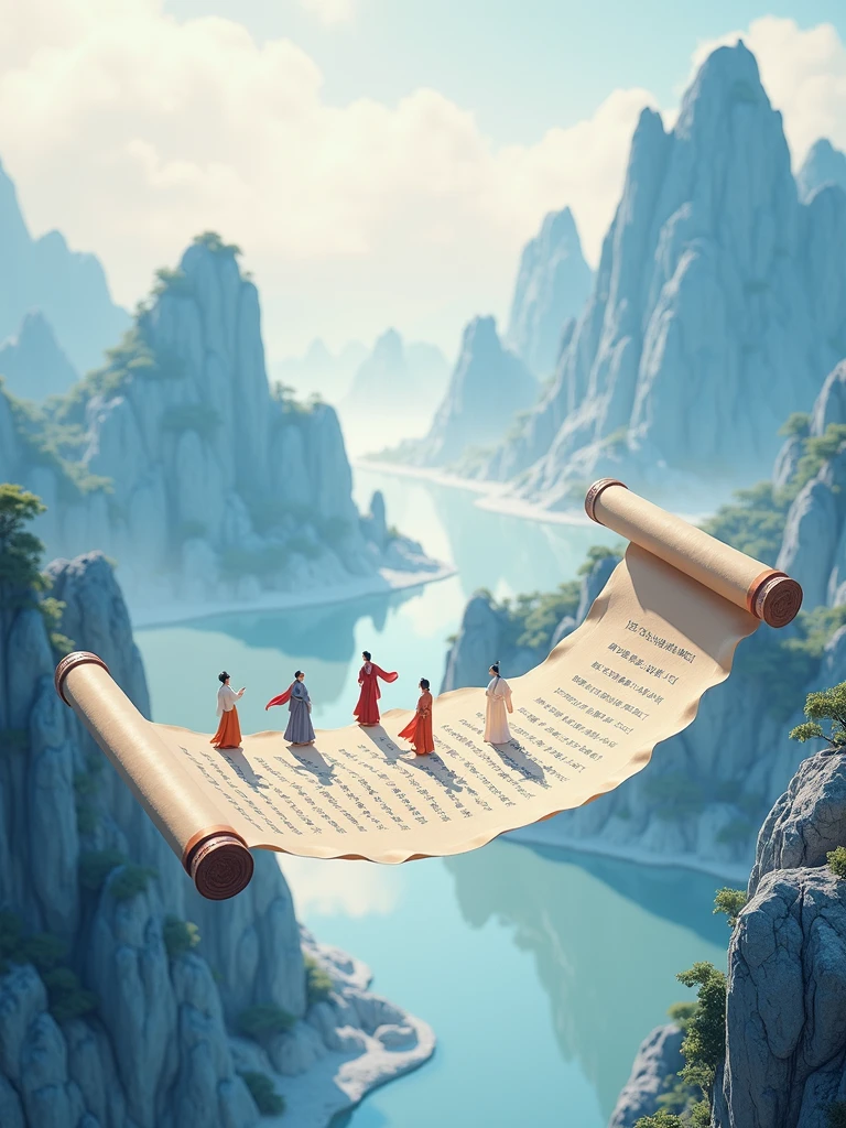Chinese style, Felt material, An open scroll floating in the air, There are some ancient words on it. On the unrolled scroll stand several ancient poets, Illustration with mountains and rivers in the background. The mountains are undulating, silk, Macro, HD Hyperrealism, Naganami, Fresh and elegant style, White and blue tones, Macro perspective