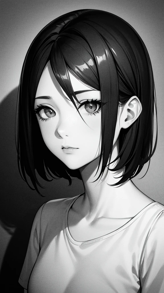 1 woman, alone, monochrome, grayscale, black short hair, portrait, t-shirt, closed mouth, looking at viewer, sketch, graphite \(middle\), small lips, hatching \(group\), Without makeup, upper body, (best illustration), (best quality), (very detailed), (masterpiece), forehead, Woman in her 20s, small eyes, 