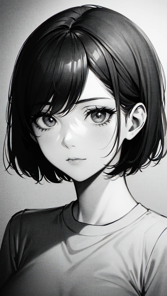 1 woman, alone, monochrome, grayscale, black short hair, portrait, t-shirt, closed mouth, looking at viewer, sketch, graphite \(middle\), small lips, hatching \(group\), Without makeup, upper body, (best illustration), (best quality), (very detailed), (masterpiece), forehead, Woman in her 20s, small eyes,