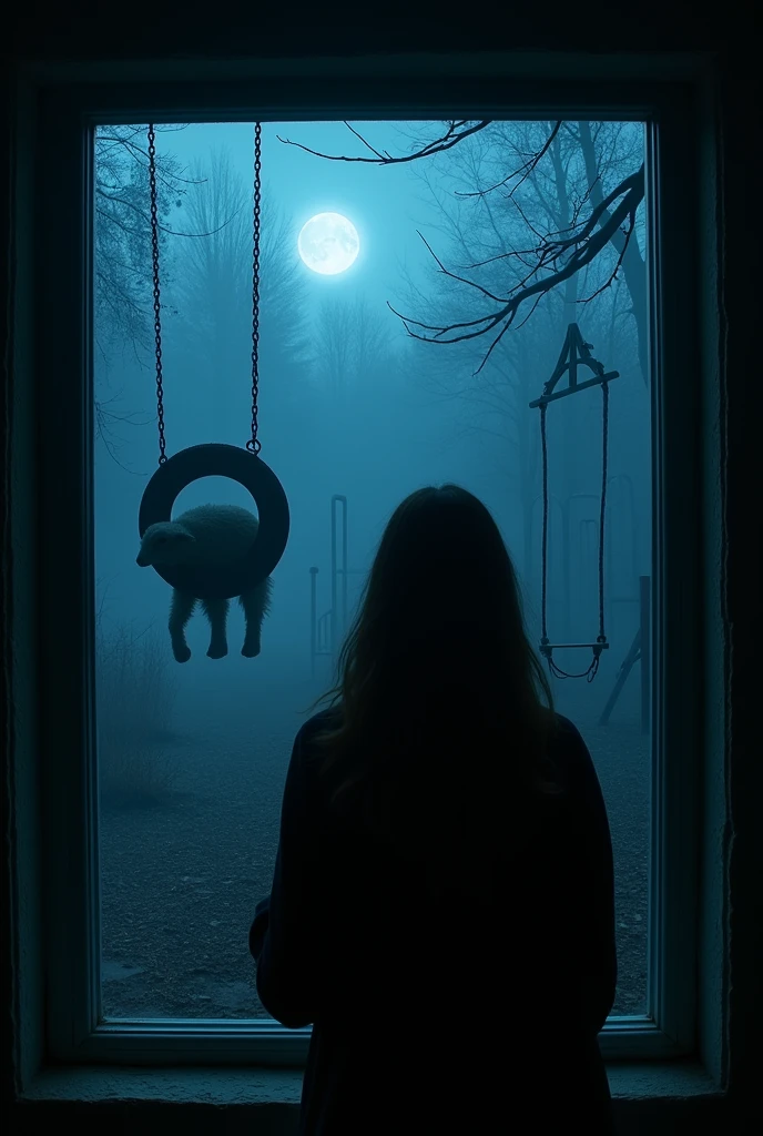 Point of view of a person looking out the window of his house towards a totally dark playground where you can see the silhouette of a sheep swinging on one of the games barely illuminated by the moonlight