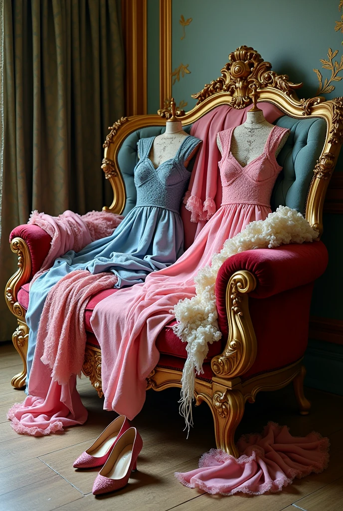 (photorealism:1.2), roccoco style half-couch, velvet fabric, lion foot style wooden frame of couch, right side of couch is covered with multiple messily layered draped roccoco dresses, puffy dresses multiple colours, looks very messy,, singular pair of roccoco heels infront of the couch on floor,