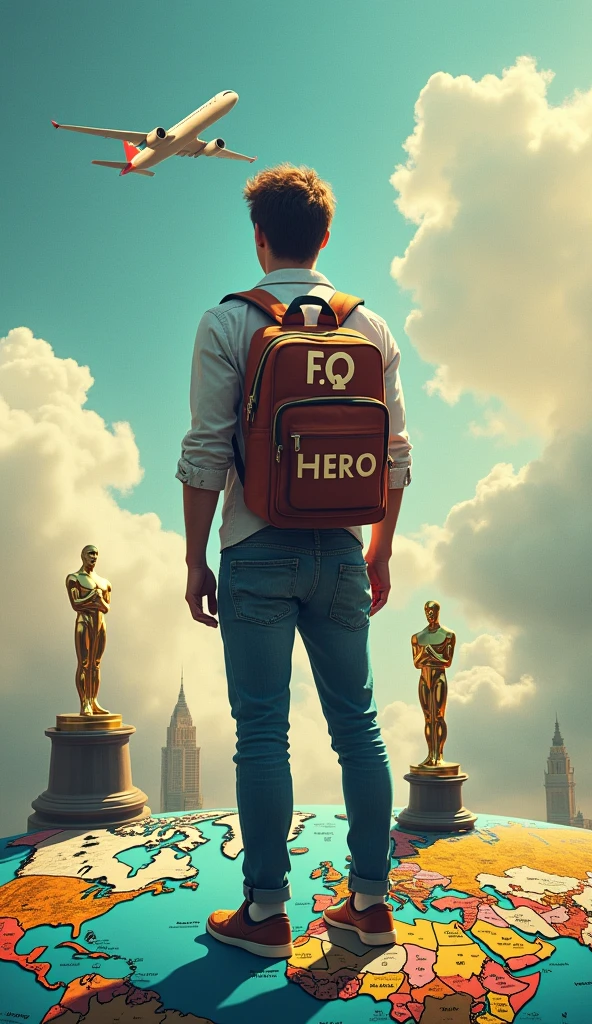 A stylish man standing on the world map. The back of the boy is visible. There is a bag pack on his back. Fantasy word "F.Q HERO" is written on the bag. There is a standing plane near him. An Oscar on his target. A realistic, aesthetic poster.