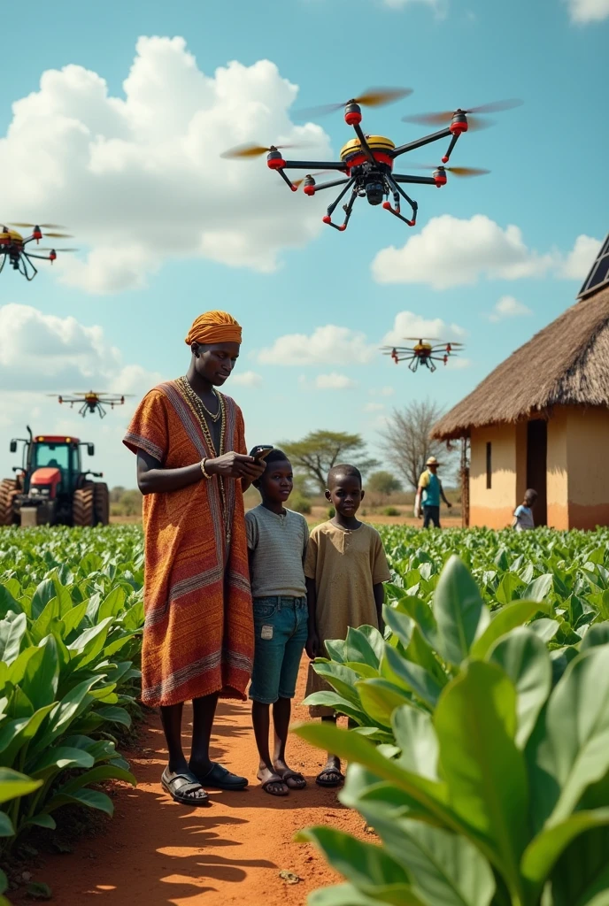 solar powered electro cube, put RHIFLUX SMART FARMS at the top of the picture,An African farmer in village clothes on a smart phone, his family with him, their grass thatched house with solar panels behind them, a solar generator, drones spraying water on plants, electric tractor in the farm, 2 workers using electric spray pumps, put RHIFLUX SMART FARMS at the top of the picture as the title