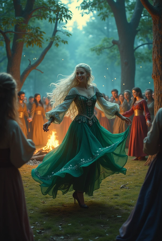 sexy elf woman with white hair, wearing medieval dress having fun dancing around the campfire with crowd under the moon light at the center of medieval forest at midnight.
