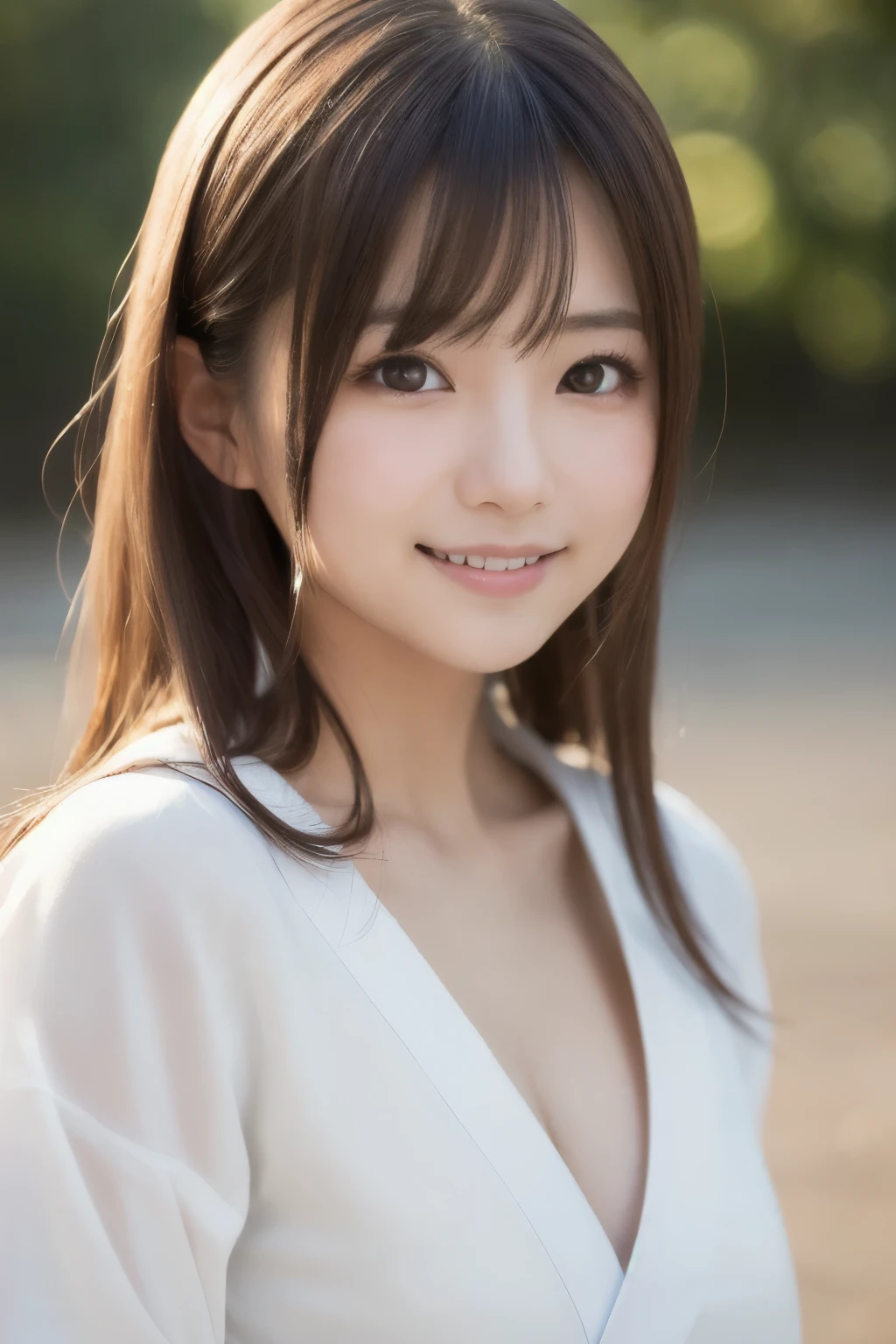 best quality, face focus, soft light, ultra high res, (photorealistic:1.4), RAW photo,(Shinozaki Ai), white skin, kawaii, 1 Japanese girl, solo, cute, (smile), (pupil, lights in the eyes), detailed beautiful face, Medium-sized breasts,(high resolution detail of human skin texture),(long hair),(portrait), upper body, white traditional kimono