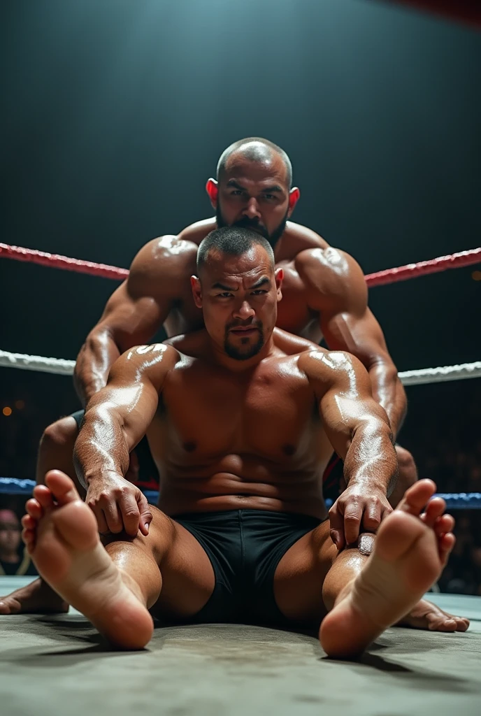 Asian male pro wrestler A vs Asian male heel wrestler B in a ring fight。Aは筋肉質でA with a buzz cut wearing short tights、Has a distressed expression、Body is drenched in sweat。No shoes。B is a heel wrestler and muscular、Sweaty body、A with a buzz cut wearing short tights。A sits on the ring、B sits behind A。A spreads her legs and points the soles of her feet towards the camera。B sticks to A from behind。An even closer look at the soles of A's feet,