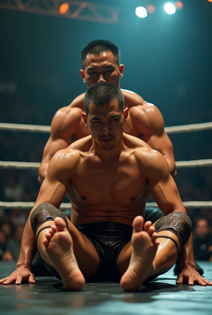 Asian male pro wrestler A vs Asian male heel wrestler B in a ring fight。Aは筋肉質でA with a buzz cut wearing short tights、Has a distressed expression、Body is drenched in sweat。No shoes。B is a heel wrestler and muscular、Sweaty body、A with a buzz cut wearing short tights。A sits on the ring、B sits behind A。A spreads her legs and points the soles of her feet towards the camera。B sticks to A from behind。An even closer look at the soles of A's feet,