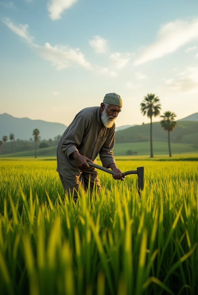 A realistic image of a modern. A poor islamic old man is harvesting his paddy