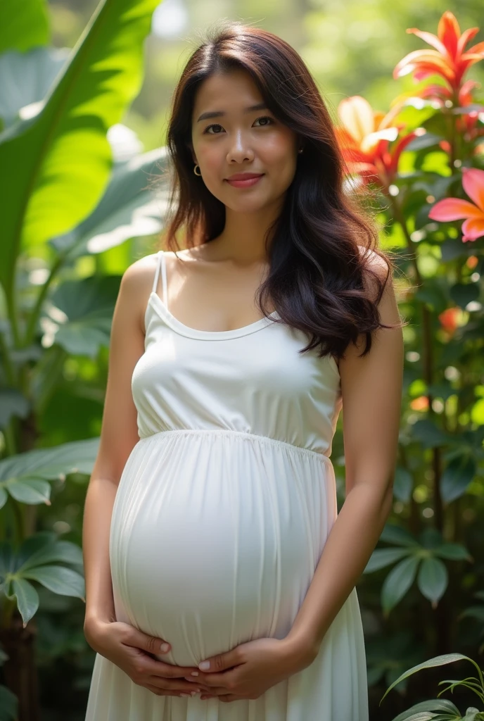 Indonesian woman aged 23, 5 months pregnant, body facing forward, wearing a white tank top, green garden background