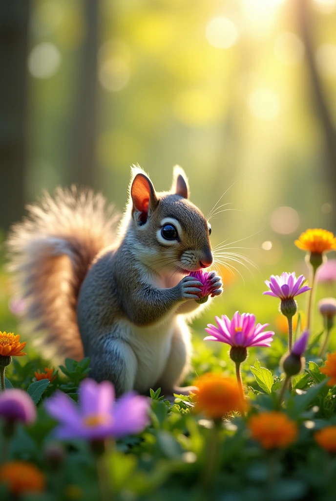 Squirrel smelling a flower