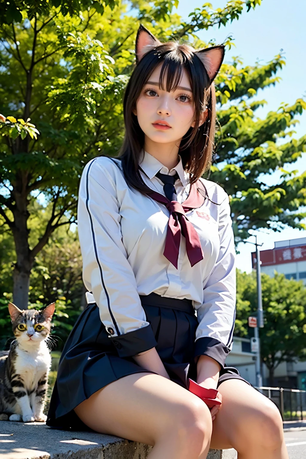 Masterpiece, bokeh, (Beautiful face), (Detailed face), (Japanese idle), (Runner uniform:1.3), (Blushed face:1.3), (Plump breast:1.2), (Sitting in crossroad:1.5), (Cat ears:1.3)
, (From below:1.5)reflected light, 