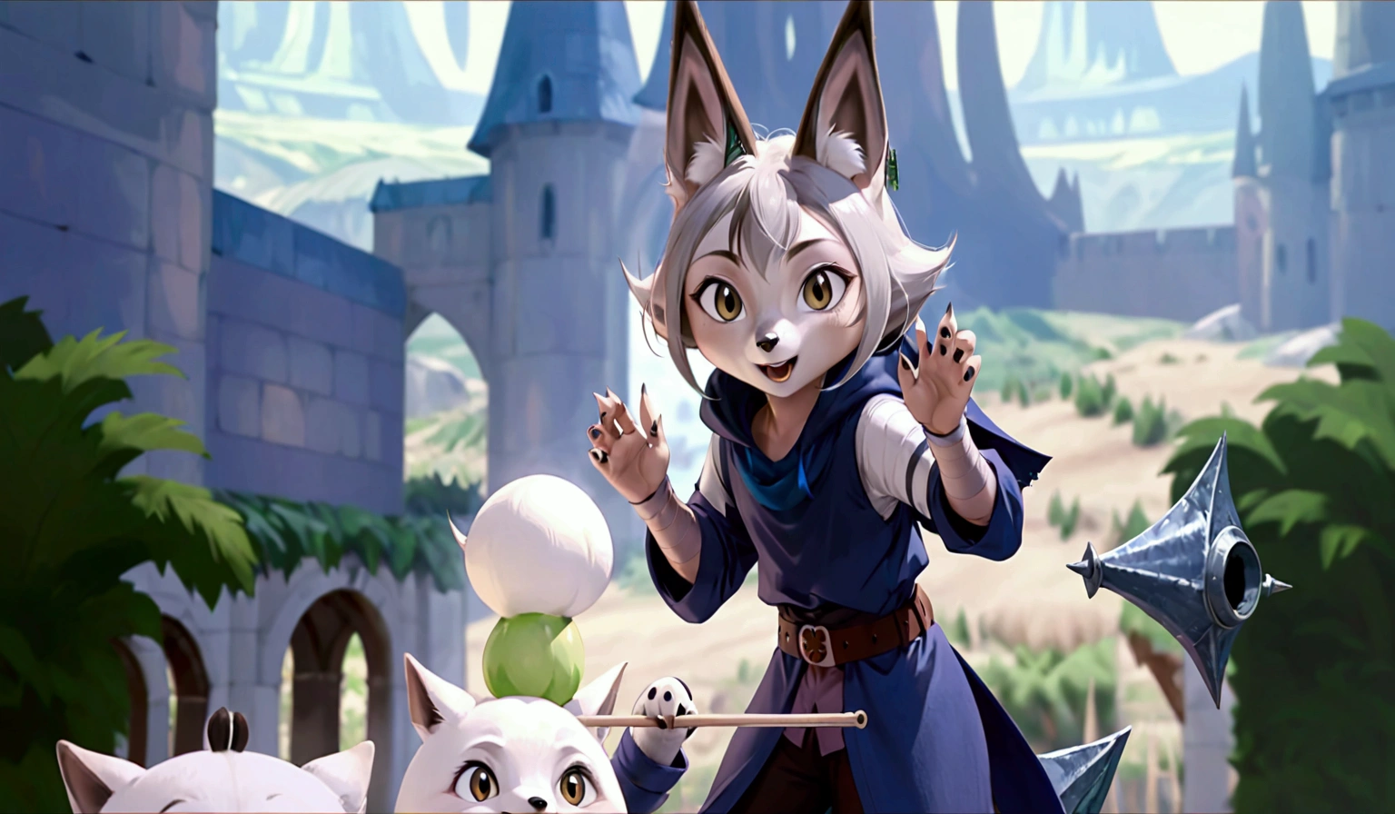 Zhen, a young female corsac Fox. Hooded navy-blue tunic, black baggy trousers, black belt, light gray bandages. Brown eyes.
