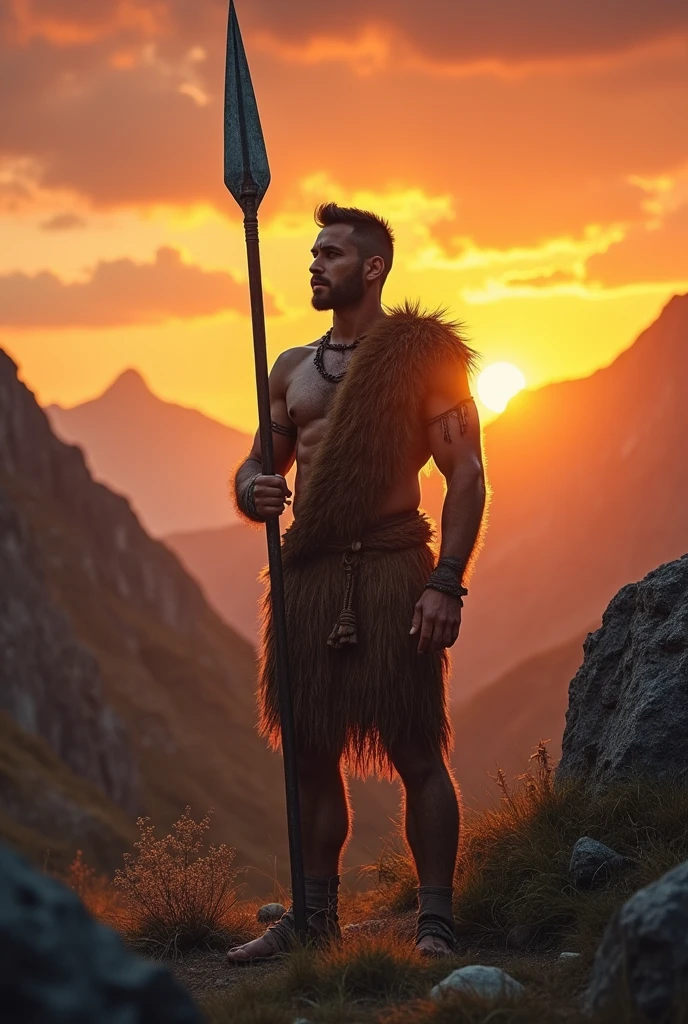 Primitive man carrying a spear, his hair cut short